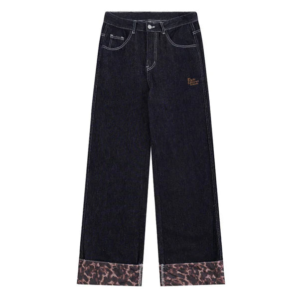 MELTEDSMILE® BAGGY BLACK JEANS – LEOPARD PATCHWORK EDITION