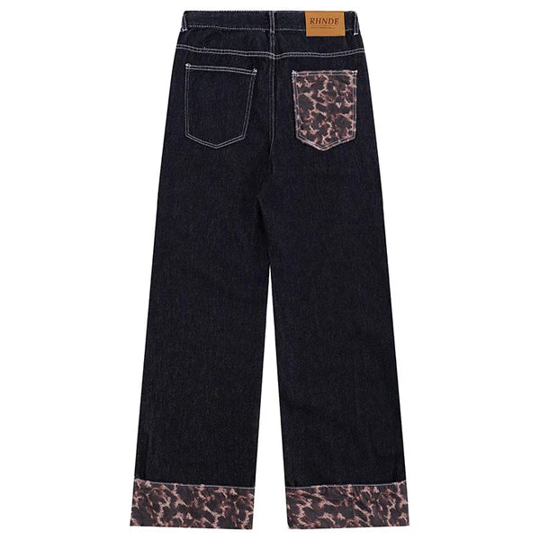 MELTEDSMILE® BAGGY BLACK JEANS – LEOPARD PATCHWORK EDITION