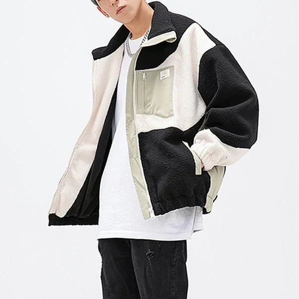 MELTEDSMILE LAMB WOOLEN WINTER COAT PATCHWORK COLOR BLOCK