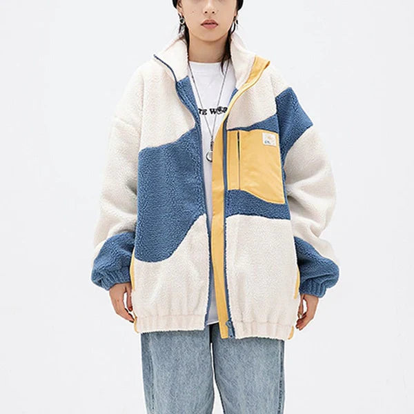 MELTEDSMILE LAMB WOOLEN WINTER COAT PATCHWORK COLOR BLOCK