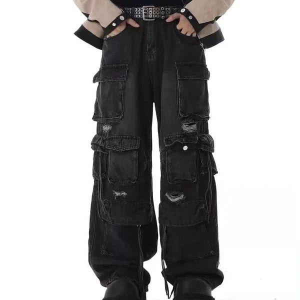 MELTEDSMILE® RIPPED MULTI-POCKET CARGO JEANS