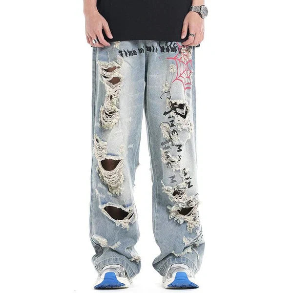 MELTEDSMILE® LIGHT BLUE RIPPED JEANS – SPIDER WEB EDITION