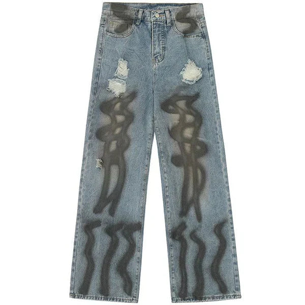 MELTEDSMILE® BAGGY RIPPED WIDE-LEG JEANS – BLACK GRAFFITI