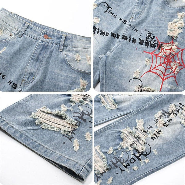 MELTEDSMILE® LIGHT BLUE RIPPED JEANS – SPIDER WEB EDITION