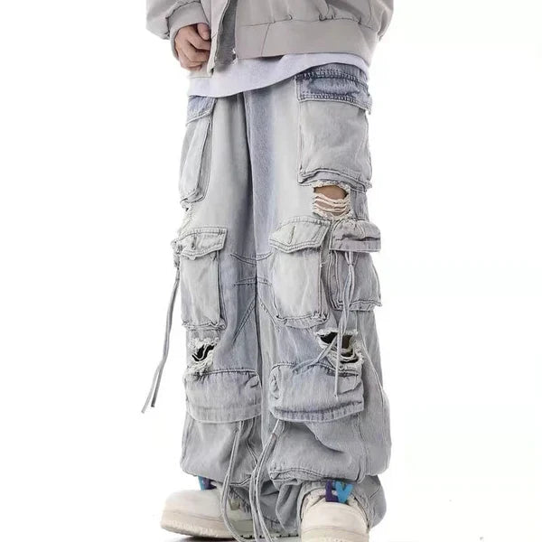 MELTEDSMILE® RIPPED MULTI-POCKET CARGO JEANS