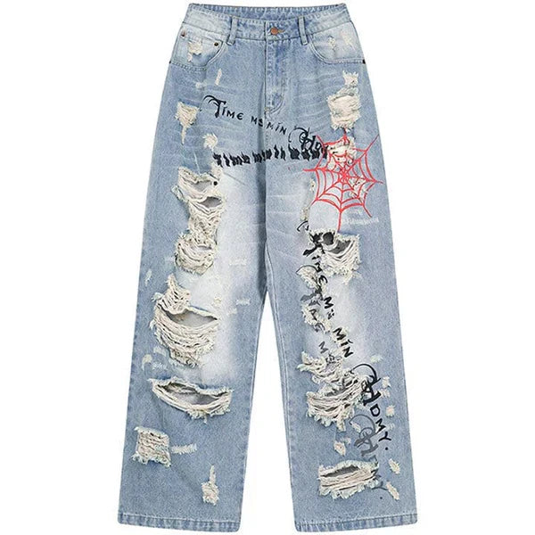 MELTEDSMILE® LIGHT BLUE RIPPED JEANS – SPIDER WEB EDITION